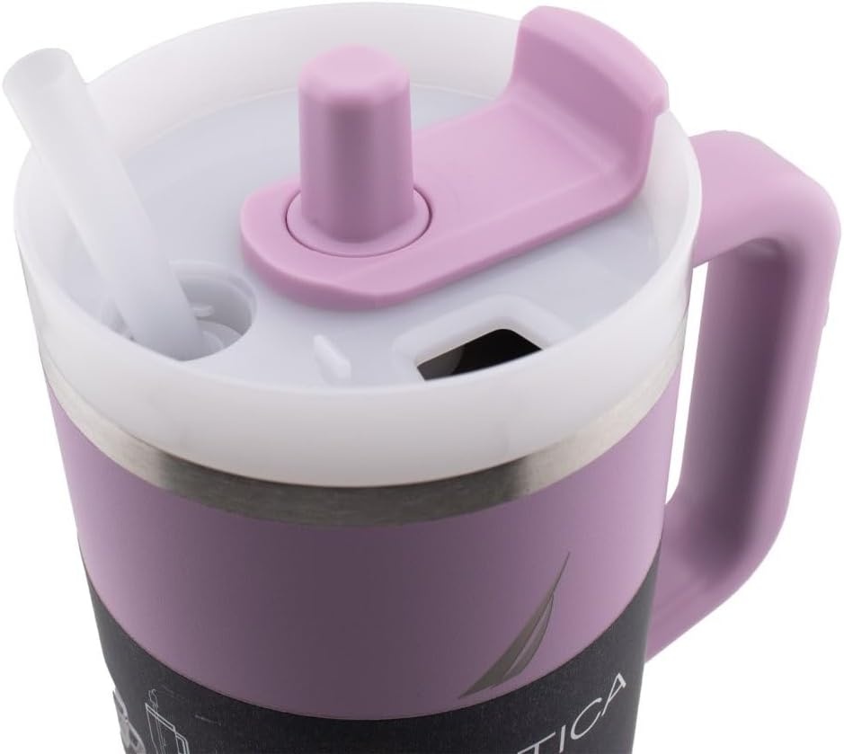 image:imageNautica 40 oz Large Insulated Tumbler with Handle amp Straw with screw on cap Reusable Water Bottle Stainless Steel Travel Mug for Hot Cold or Iced Drink BPAFree Fits Car Cup Holders Light BlueViolet
