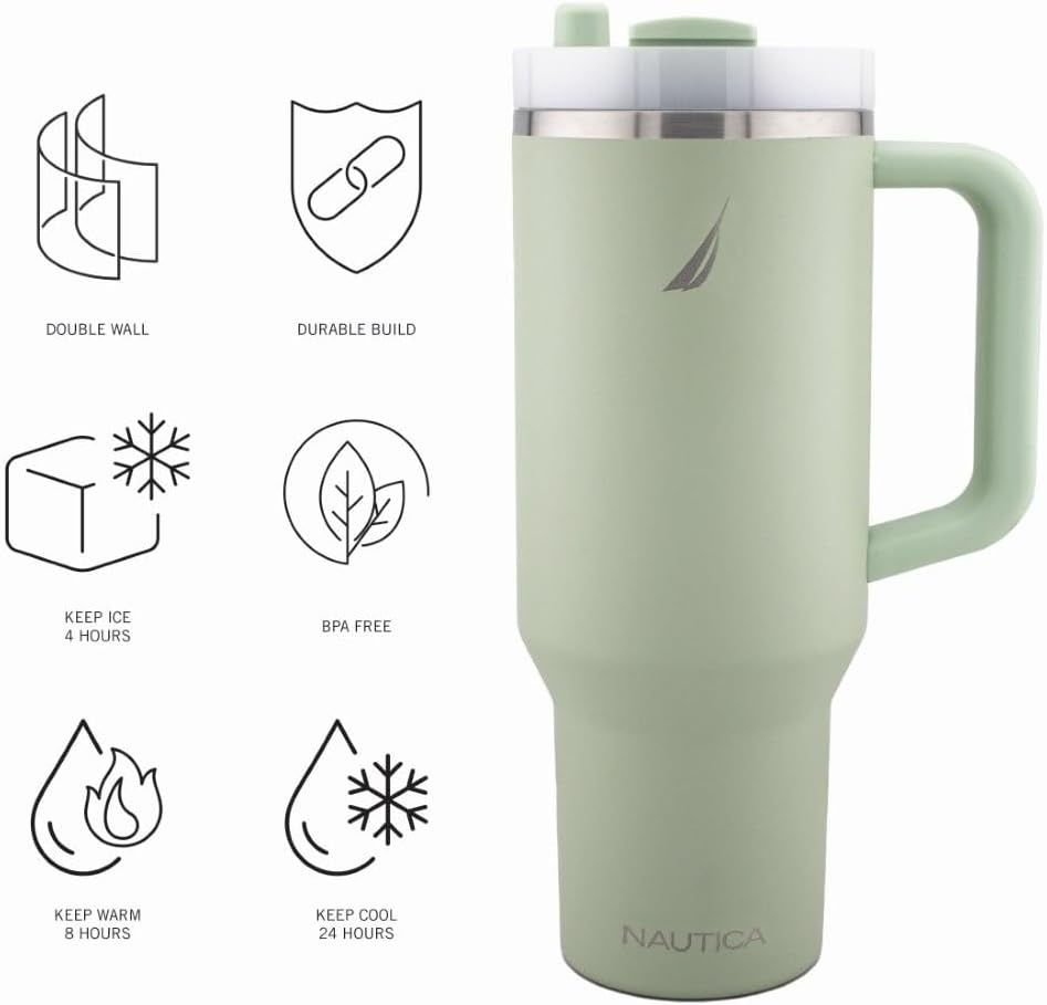 image:imageNautica 40 oz Large Insulated Tumbler with Handle amp Straw with screw on cap Reusable Water Bottle Stainless Steel Travel Mug for Hot Cold or Iced Drink BPAFree Fits Car Cup Holders Light BlueSage