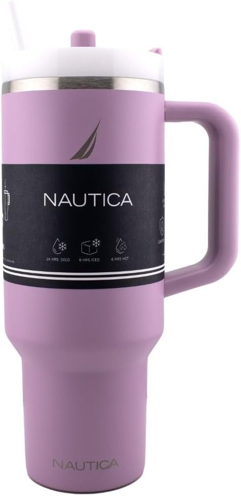 image:imageNautica 40 oz Large Insulated Tumbler with Handle amp Straw with screw on cap Reusable Water Bottle Stainless Steel Travel Mug for Hot Cold or Iced Drink BPAFree Fits Car Cup Holders Light BlueViolet