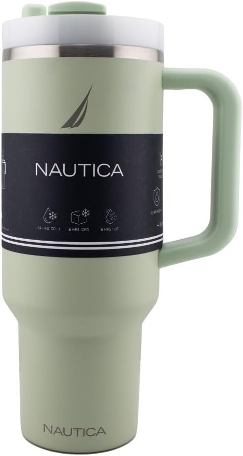 image:imageNautica 40 oz Large Insulated Tumbler with Handle amp Straw with screw on cap Reusable Water Bottle Stainless Steel Travel Mug for Hot Cold or Iced Drink BPAFree Fits Car Cup Holders Light BlueSage