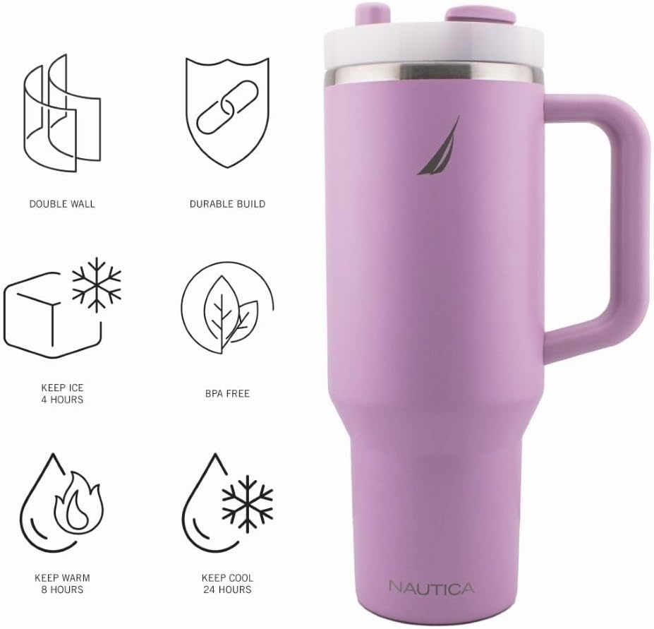 image:imageNautica 40 oz Large Insulated Tumbler with Handle amp Straw with screw on cap Reusable Water Bottle Stainless Steel Travel Mug for Hot Cold or Iced Drink BPAFree Fits Car Cup Holders Light BlueViolet