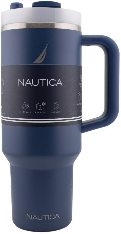 image:imageNautica 40 oz Large Insulated Tumbler with Handle amp Straw with screw on cap Reusable Water Bottle Stainless Steel Travel Mug for Hot Cold or Iced Drink BPAFree Fits Car Cup Holders Light BlueNavy