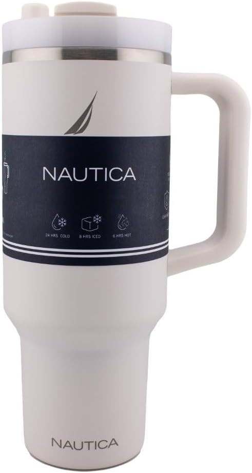 image:imageNautica 40 oz Large Insulated Tumbler with Handle amp Straw with screw on cap Reusable Water Bottle Stainless Steel Travel Mug for Hot Cold or Iced Drink BPAFree Fits Car Cup Holders Light BlueCream