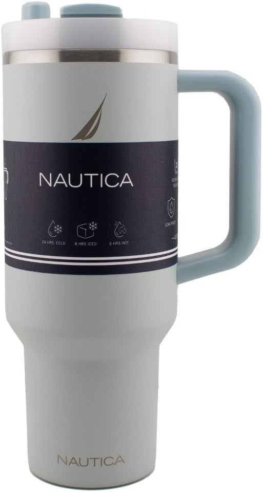 image:imageNautica 40 oz Large Insulated Tumbler with Handle amp Straw with screw on cap Reusable Water Bottle Stainless Steel Travel Mug for Hot Cold or Iced Drink BPAFree Fits Car Cup Holders Light BlueLight Blue
