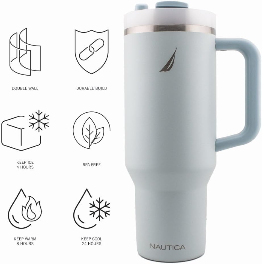 image:imageNautica 40 oz Large Insulated Tumbler with Handle amp Straw with screw on cap Reusable Water Bottle Stainless Steel Travel Mug for Hot Cold or Iced Drink BPAFree Fits Car Cup Holders Light BlueLight Blue