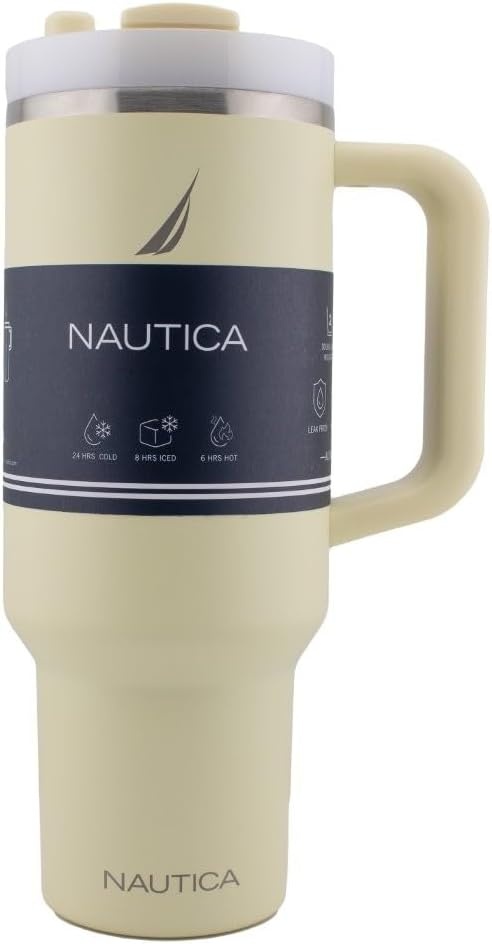 image:imageNautica 40 oz Large Insulated Tumbler with Handle amp Straw with screw on cap Reusable Water Bottle Stainless Steel Travel Mug for Hot Cold or Iced Drink BPAFree Fits Car Cup Holders Light BlueLight Yellow