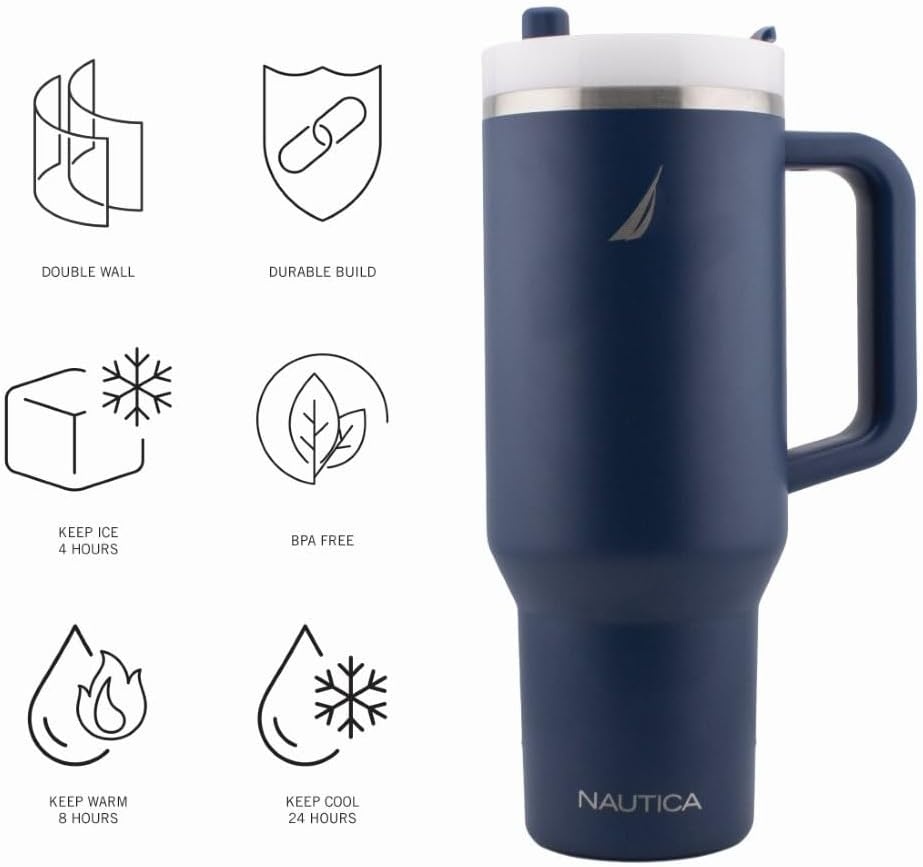 image:imageNautica 40 oz Large Insulated Tumbler with Handle amp Straw with screw on cap Reusable Water Bottle Stainless Steel Travel Mug for Hot Cold or Iced Drink BPAFree Fits Car Cup Holders Light BlueNavy