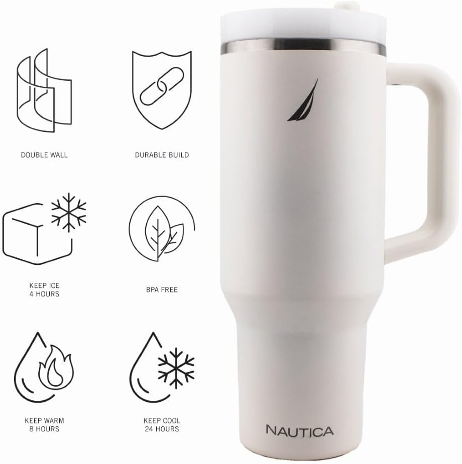 image:imageNautica 40 oz Large Insulated Tumbler with Handle amp Straw with screw on cap Reusable Water Bottle Stainless Steel Travel Mug for Hot Cold or Iced Drink BPAFree Fits Car Cup Holders Light BlueCream