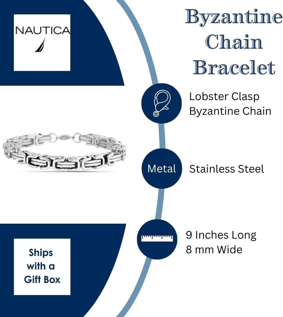 image:imageNautica 8 mm Byzantine Chain Bracelet for Men Stainless Steel 85 Inches