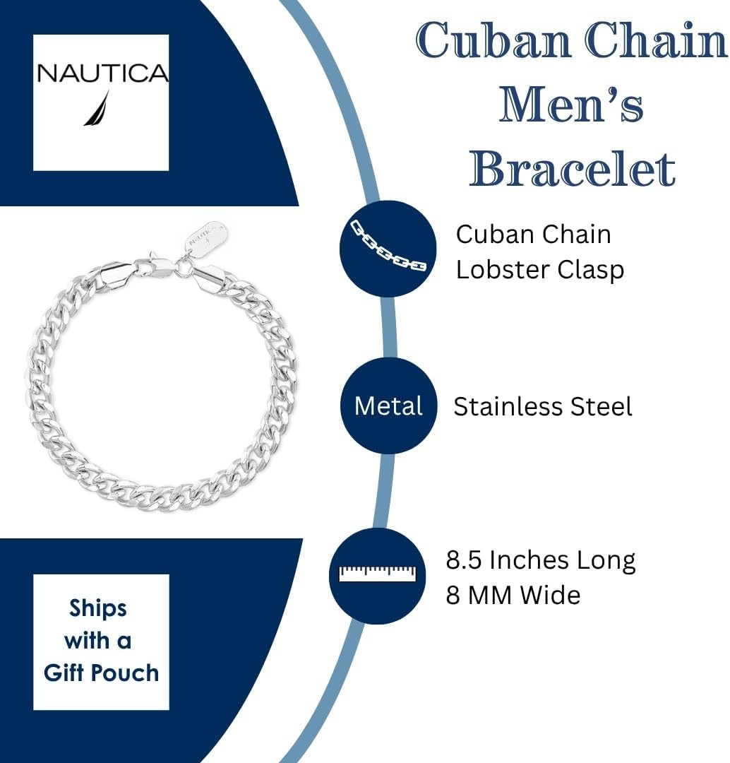 image:imageNautica 8 mm Cuban Chain Bracelet for Men Stainless Steel 85 Inches