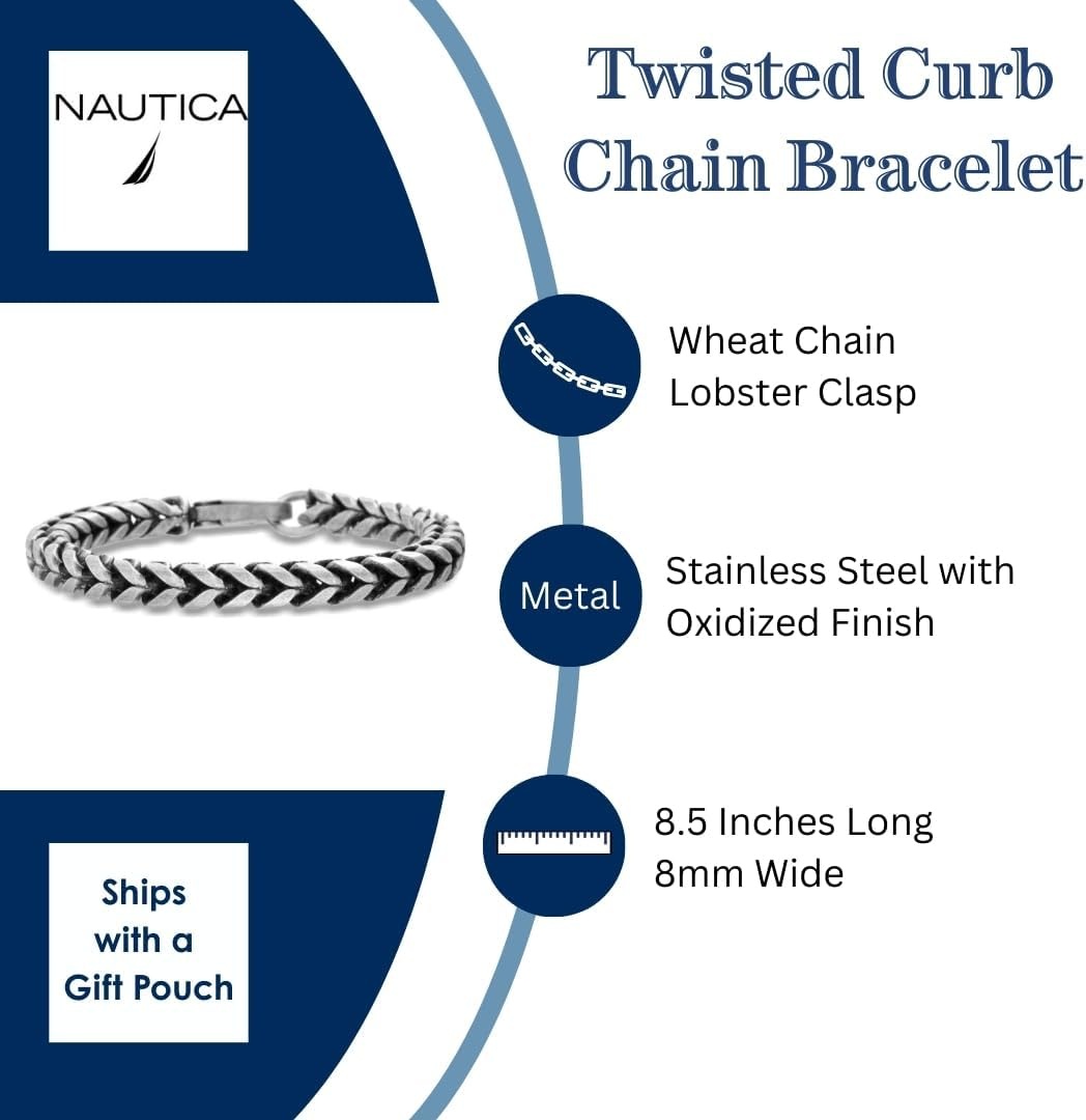 image:imageNautica 8 mm Twisted Curb Chain Bracelet for Men Stainless Steel 85 InchesWhite