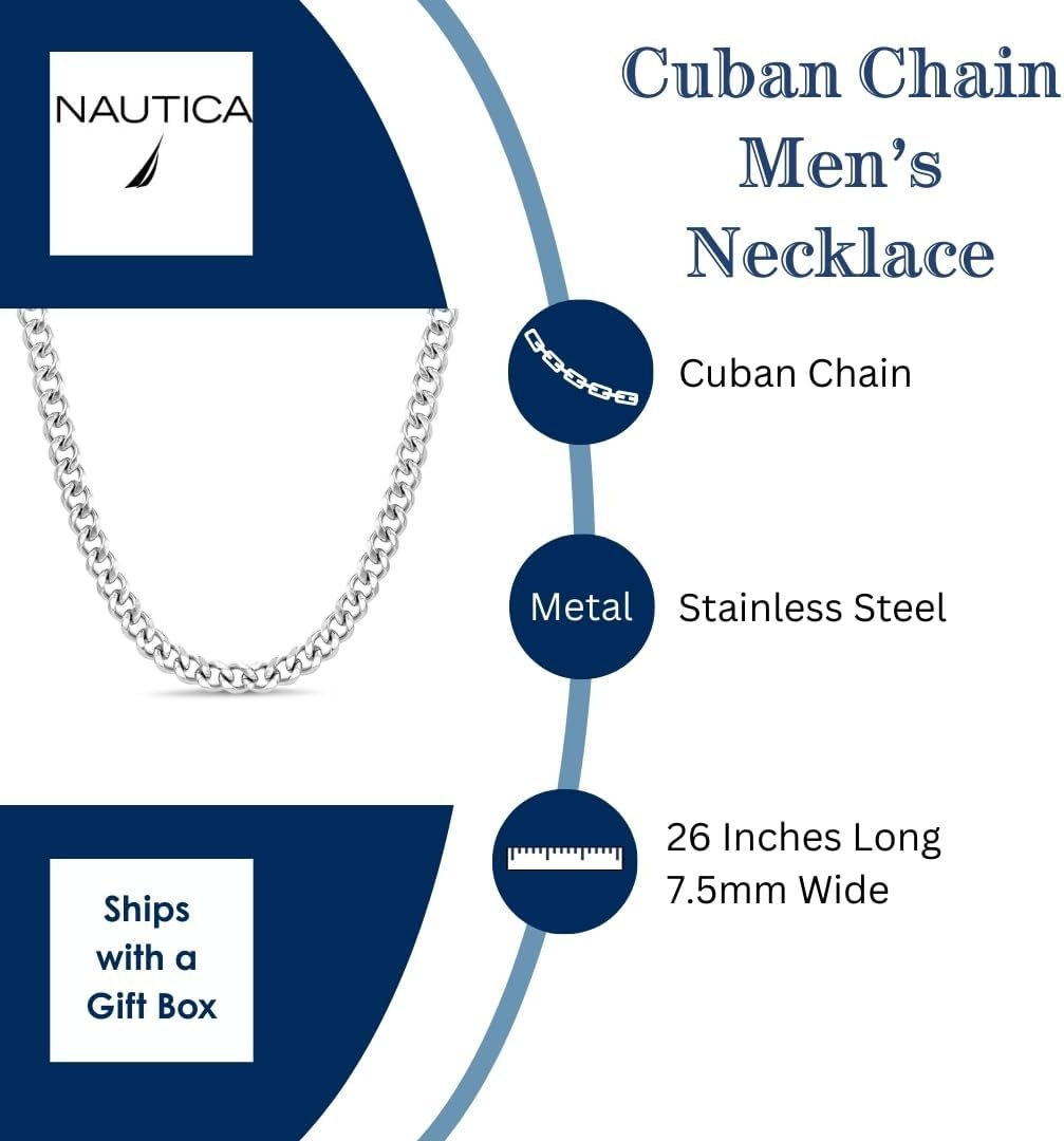 image:imageNautica 9 mm Cuban Chain Necklace for Men Stainless Steel 23 Inches