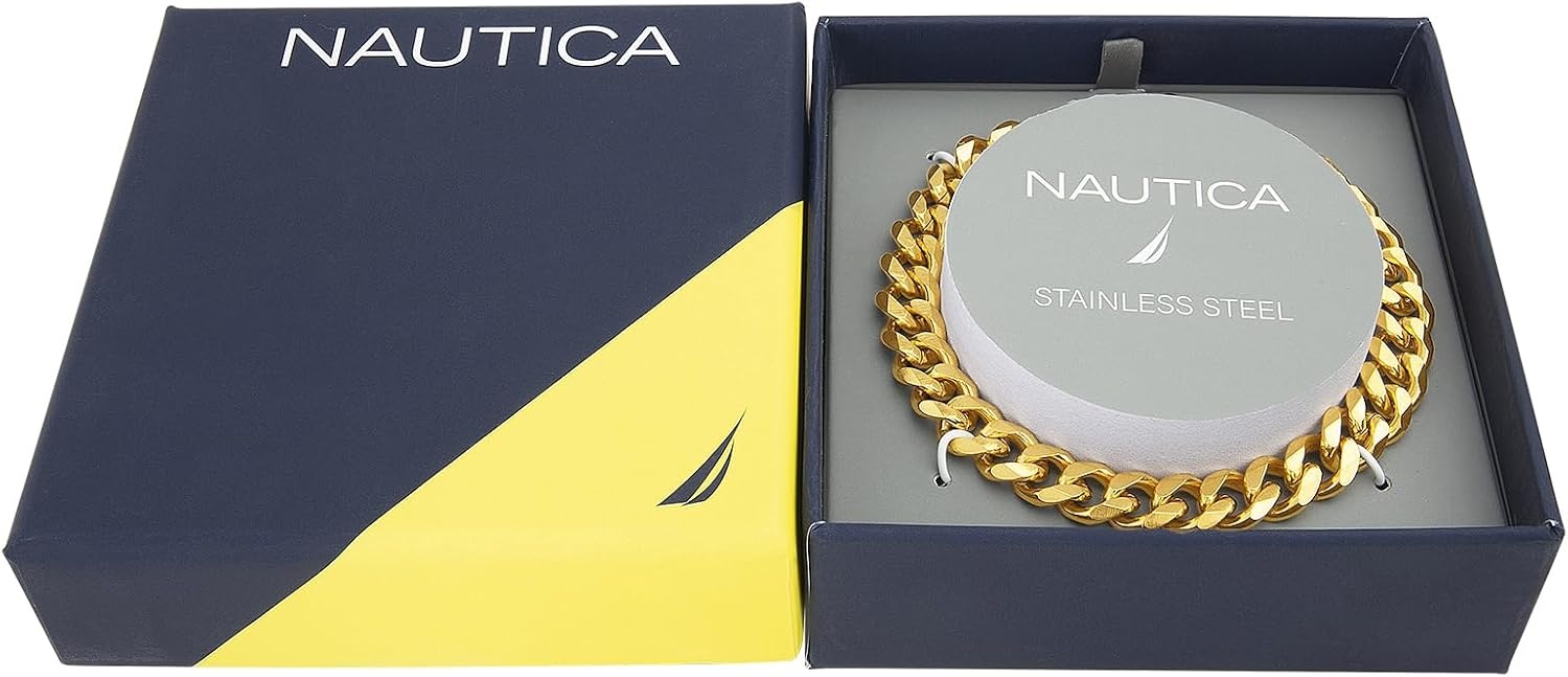 image:imageNautica 9 mm Curb Chain Bracelet for Men 14K Yellow Gold IP Plated Stainless Steel 85 Inches