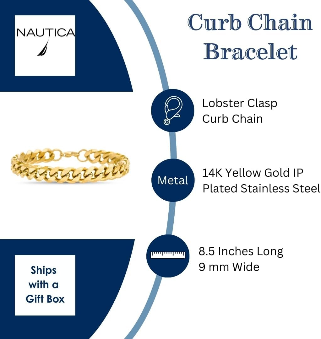 image:imageNautica 9 mm Curb Chain Bracelet for Men 14K Yellow Gold IP Plated Stainless Steel 85 Inches
