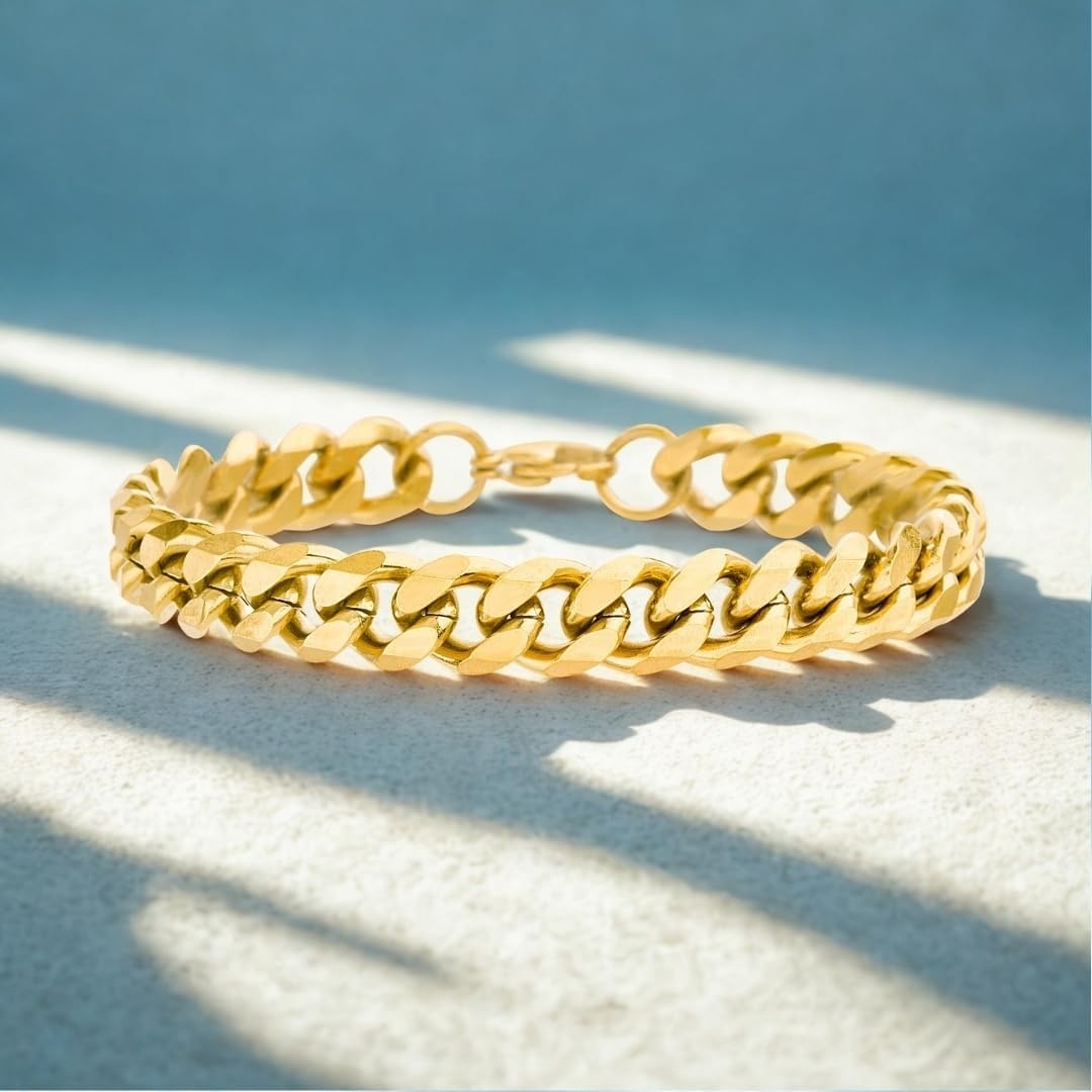 image:imageNautica 9 mm Curb Chain Bracelet for Men 14K Yellow Gold IP Plated Stainless Steel 85 Inches