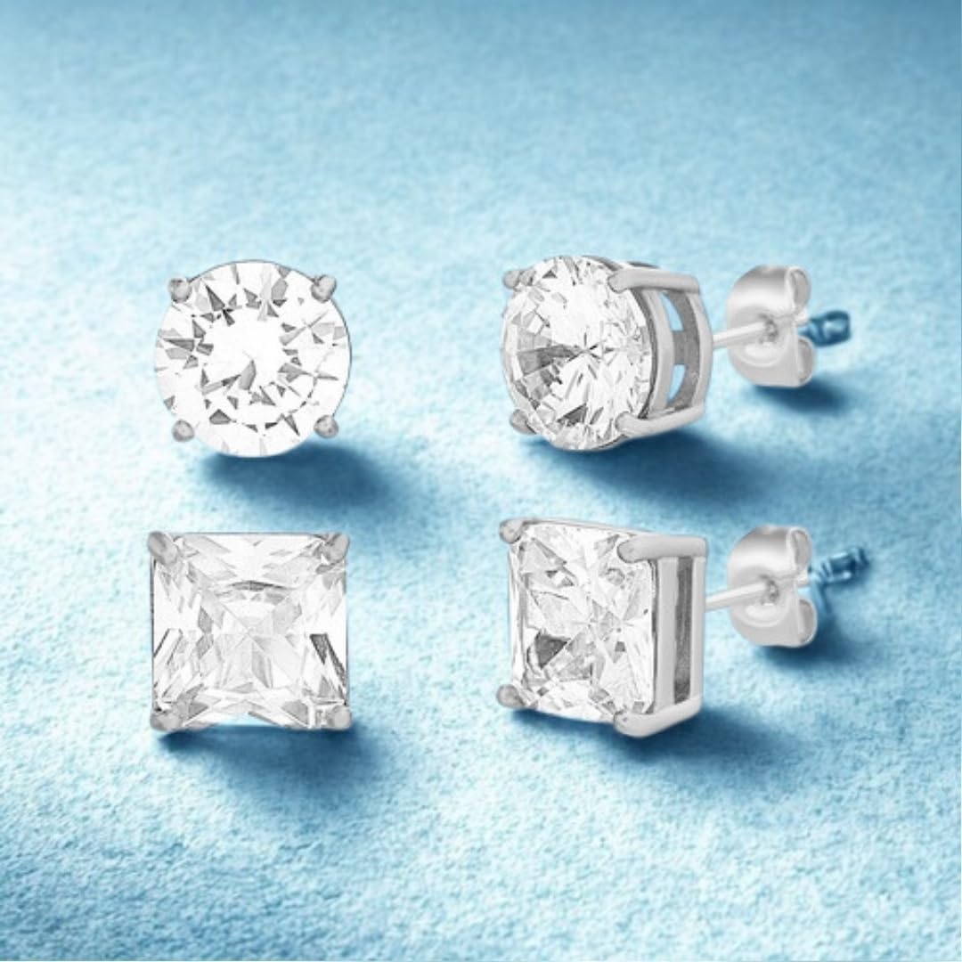 image:imageNautica 910 mm Round and Princess Cut CZ Stud Earrings for Men Rhodium Plated Alloy