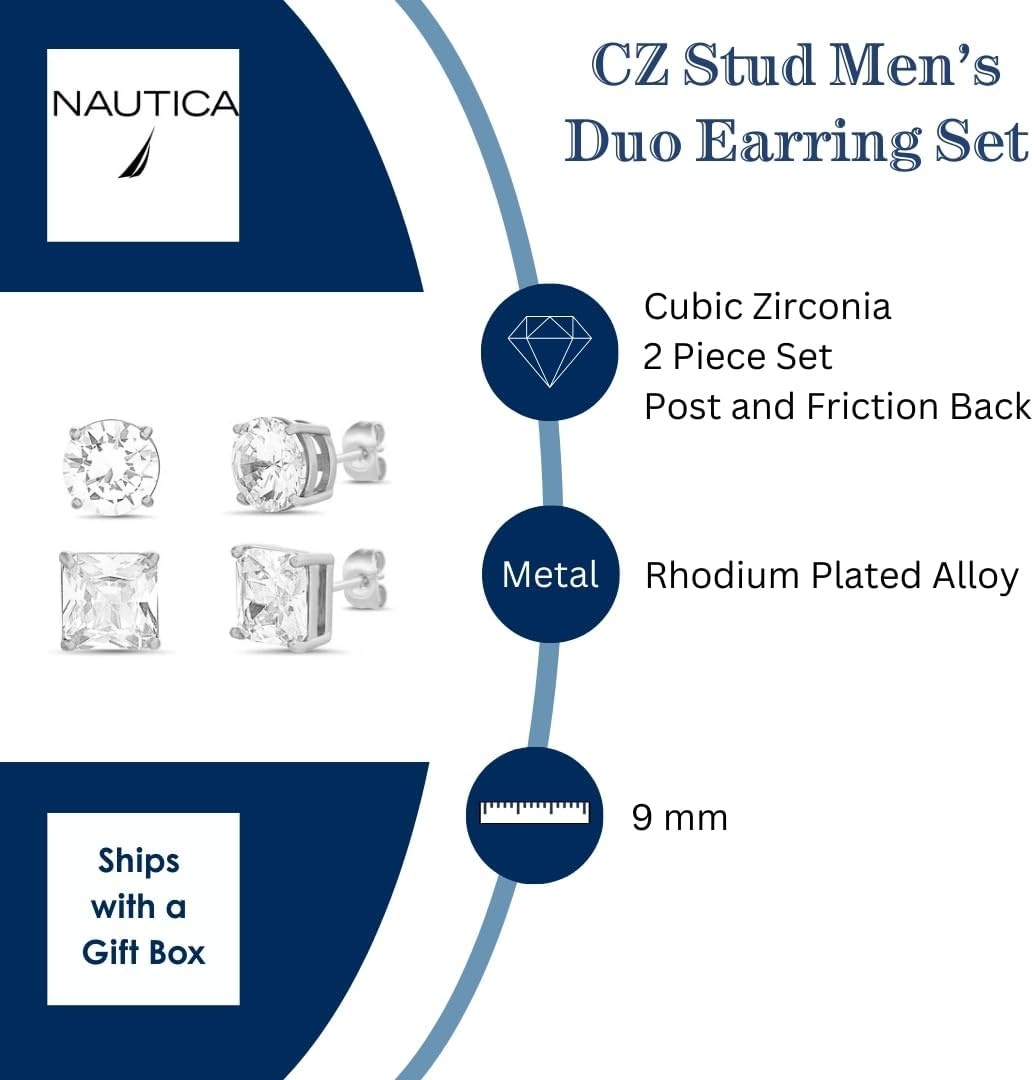 image:imageNautica 910 mm Round and Princess Cut CZ Stud Earrings for Men Rhodium Plated Alloy