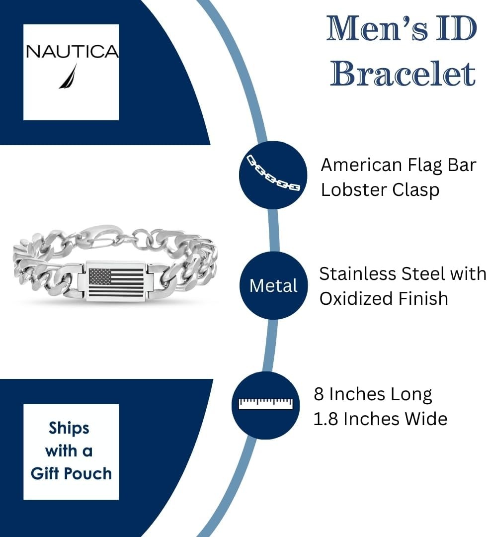 image:imageNautica American Flag Bracelet for Men Stainless Steel 8 Inches