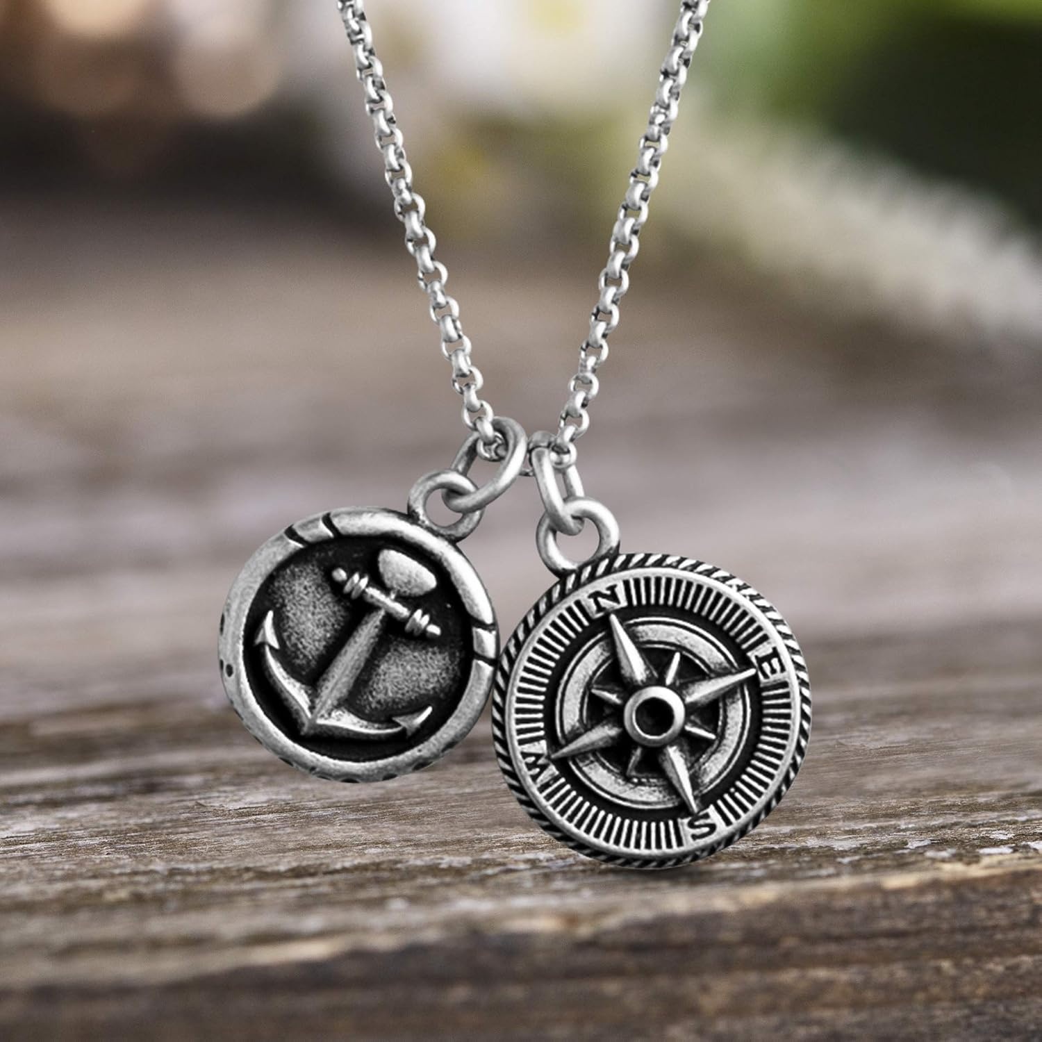 image:imageNautica Anchor Compass Charm Necklace for Men Oxidized Stainless Steel 28 Inches