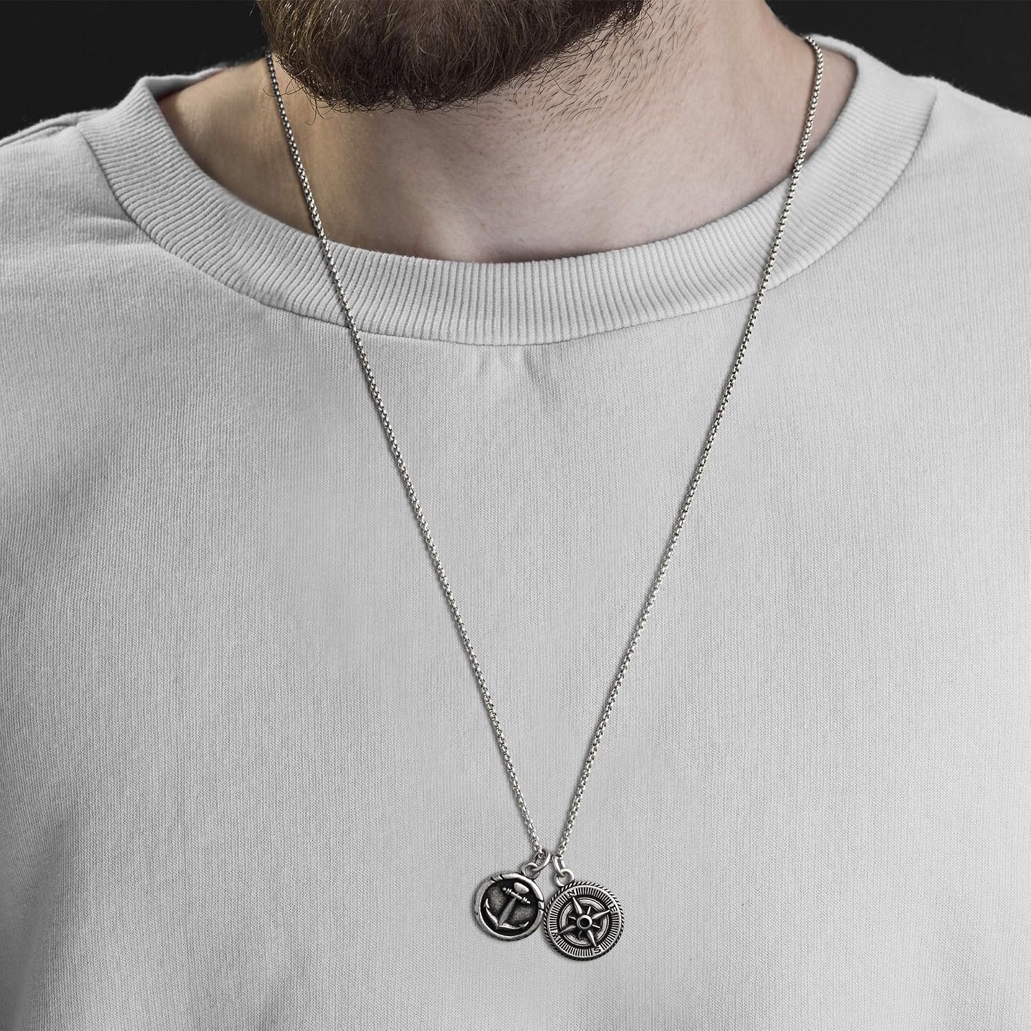 image:imageNautica Anchor Compass Charm Necklace for Men Oxidized Stainless Steel 28 Inches