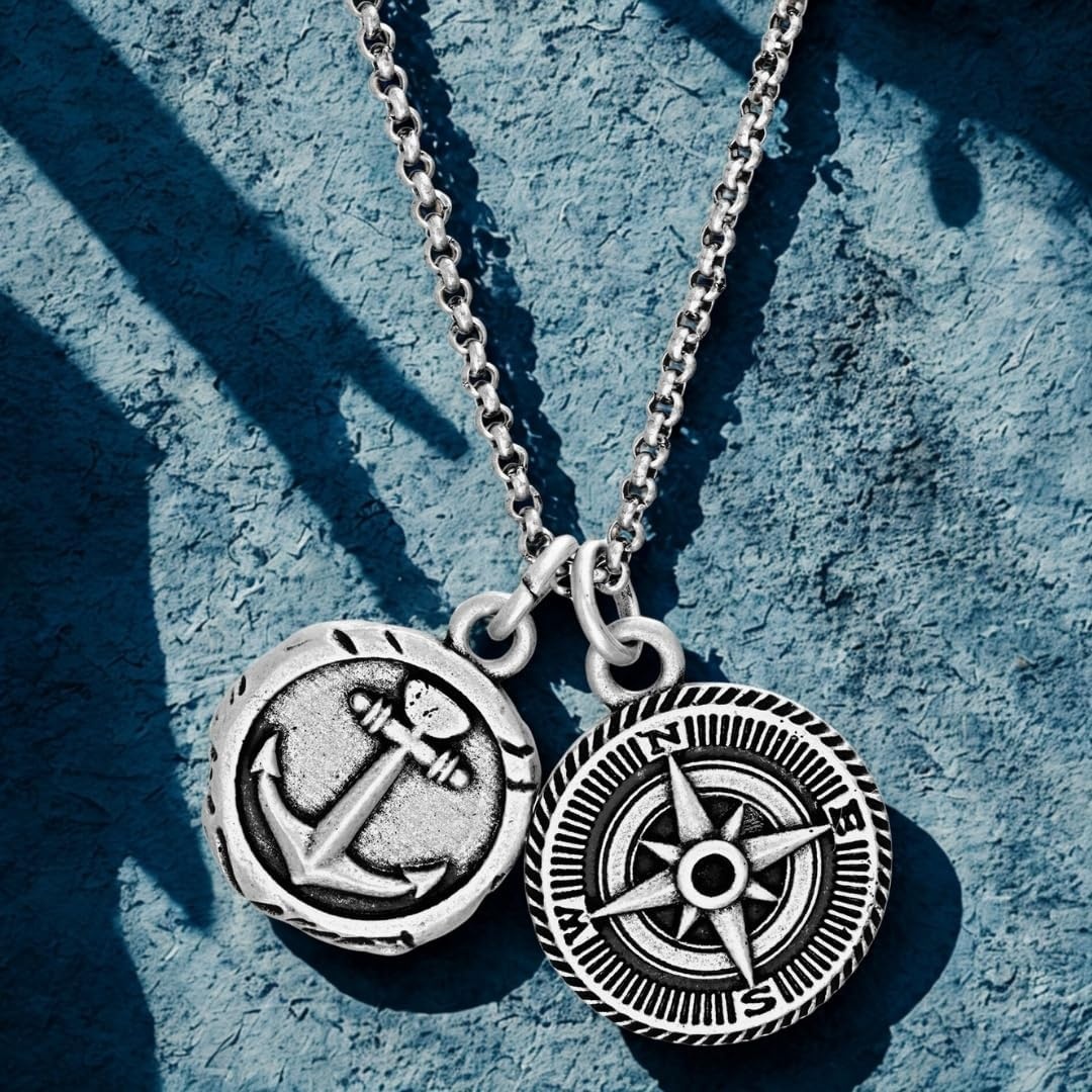 image:imageNautica Anchor Compass Charm Necklace for Men Oxidized Stainless Steel 28 Inches