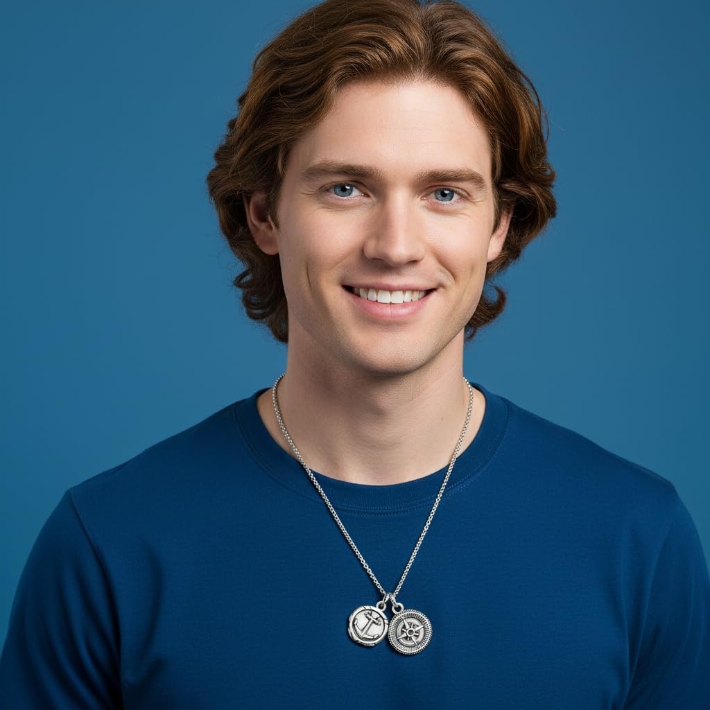 image:imageNautica Anchor Compass Charm Necklace for Men Oxidized Stainless Steel 28 Inches