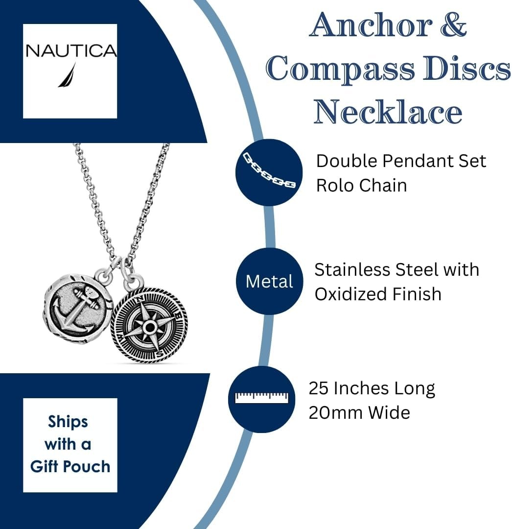 image:imageNautica Anchor Compass Charm Necklace for Men Oxidized Stainless Steel 28 Inches