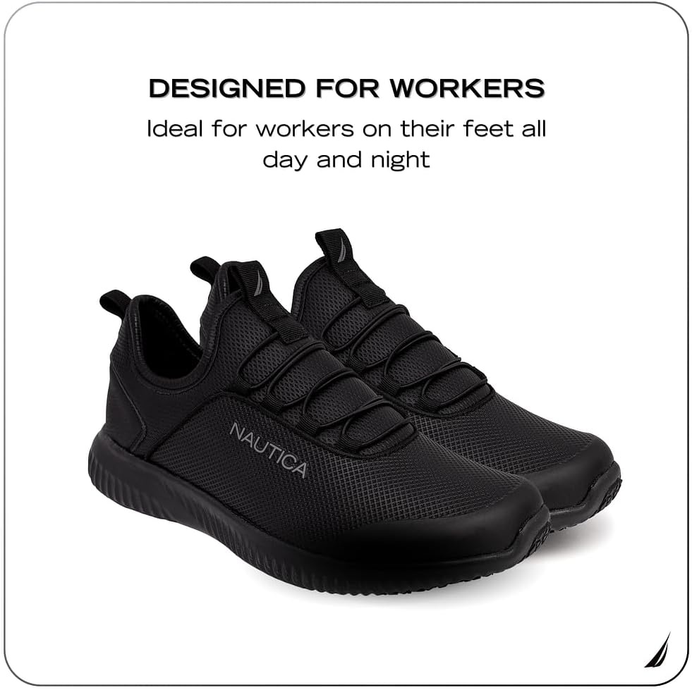 image:imageNautica Black Non Slip Slip OnLaceUp Work Shoes Safety Water Resistant Chef Kitchen Trabajo Zapatos Restaurant or Food Service Sneakers Comfortable and Lightweight for Men and WomenLeda Black 1