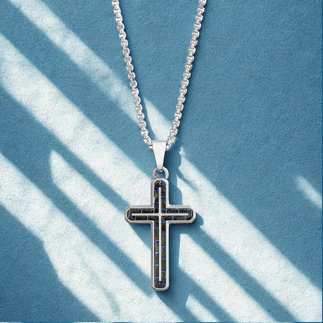 image:imageNautica Blue Carbon Fiber Black Cross Necklace for Men Stainless Steel 24 Inches
