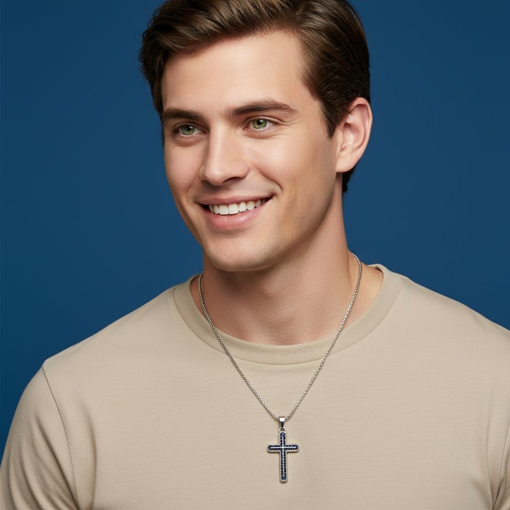 image:imageNautica Blue Carbon Fiber Black Cross Necklace for Men Stainless Steel 24 Inches