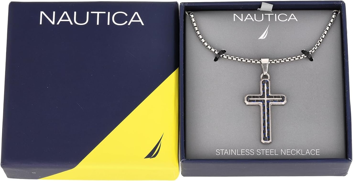 image:imageNautica Blue Carbon Fiber Black Cross Necklace for Men Stainless Steel 24 Inches