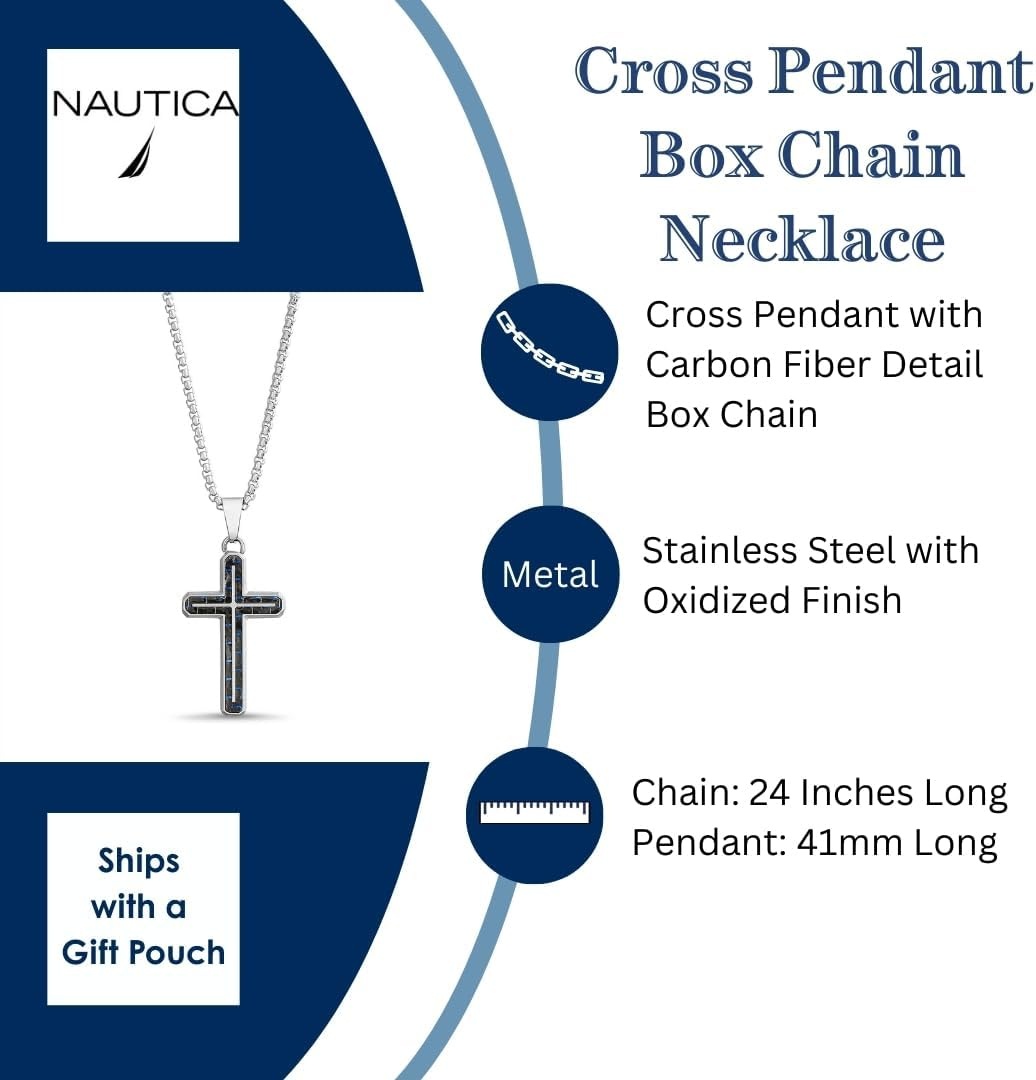 image:imageNautica Blue Carbon Fiber Black Cross Necklace for Men Stainless Steel 24 Inches