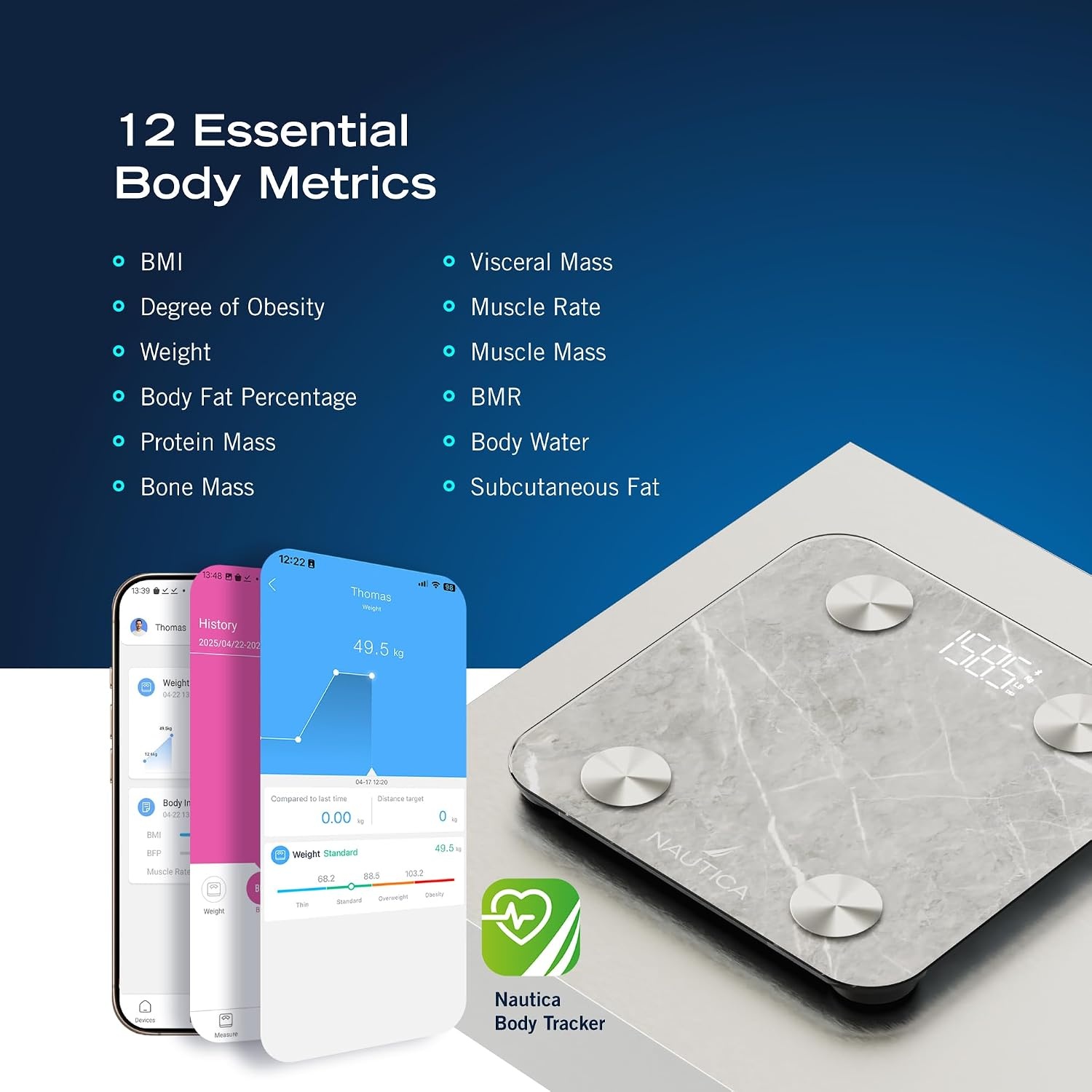 image:imageNautica Body Tracker Digital Bathroom Scale BluetoothEnabled Smart Scale with BMI Body Fat Muscle Mass Tracking amp More Syncs with Smartphone App for Body Composition Tracking 440 LbsTravertine Stone