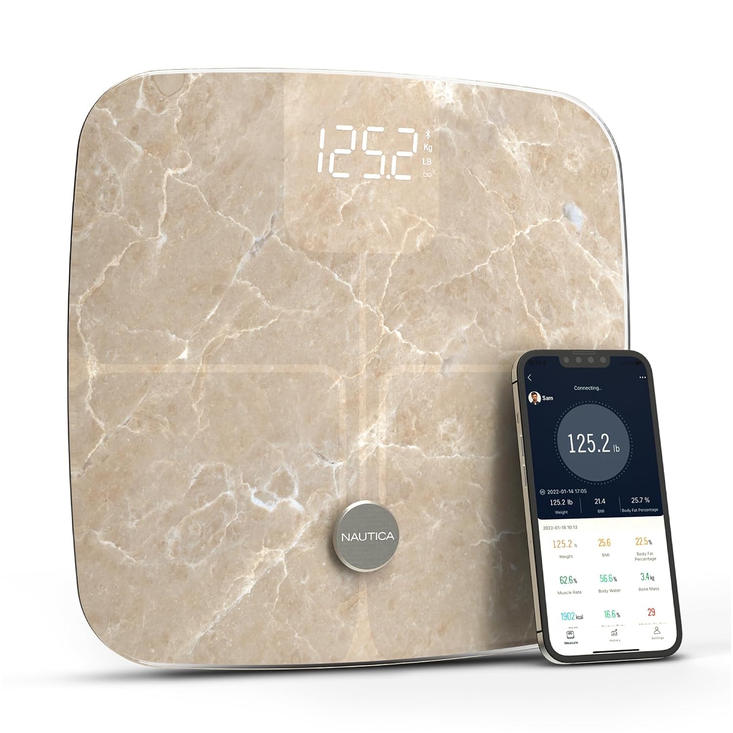 image:imageNautica Body Tracker Digital Bathroom Scale BluetoothEnabled Smart Scale with BMI Body Fat Muscle Mass Tracking amp More Syncs with Smartphone App for Body Composition Tracking 440 LbsQuartz Stone
