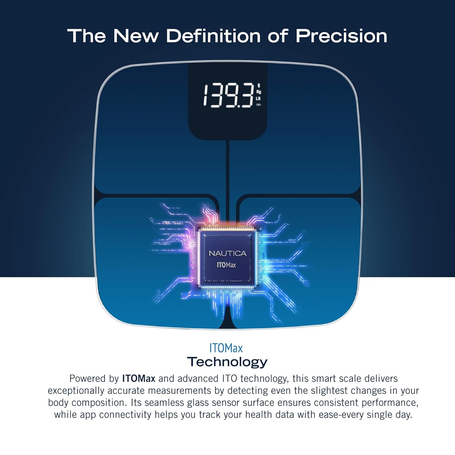 image:imageNautica Body Tracker Digital Bathroom Scale BluetoothEnabled Smart Scale with BMI Body Fat Muscle Mass Tracking amp More Syncs with Smartphone App for Body Composition Tracking 440 LbsNavy Blue