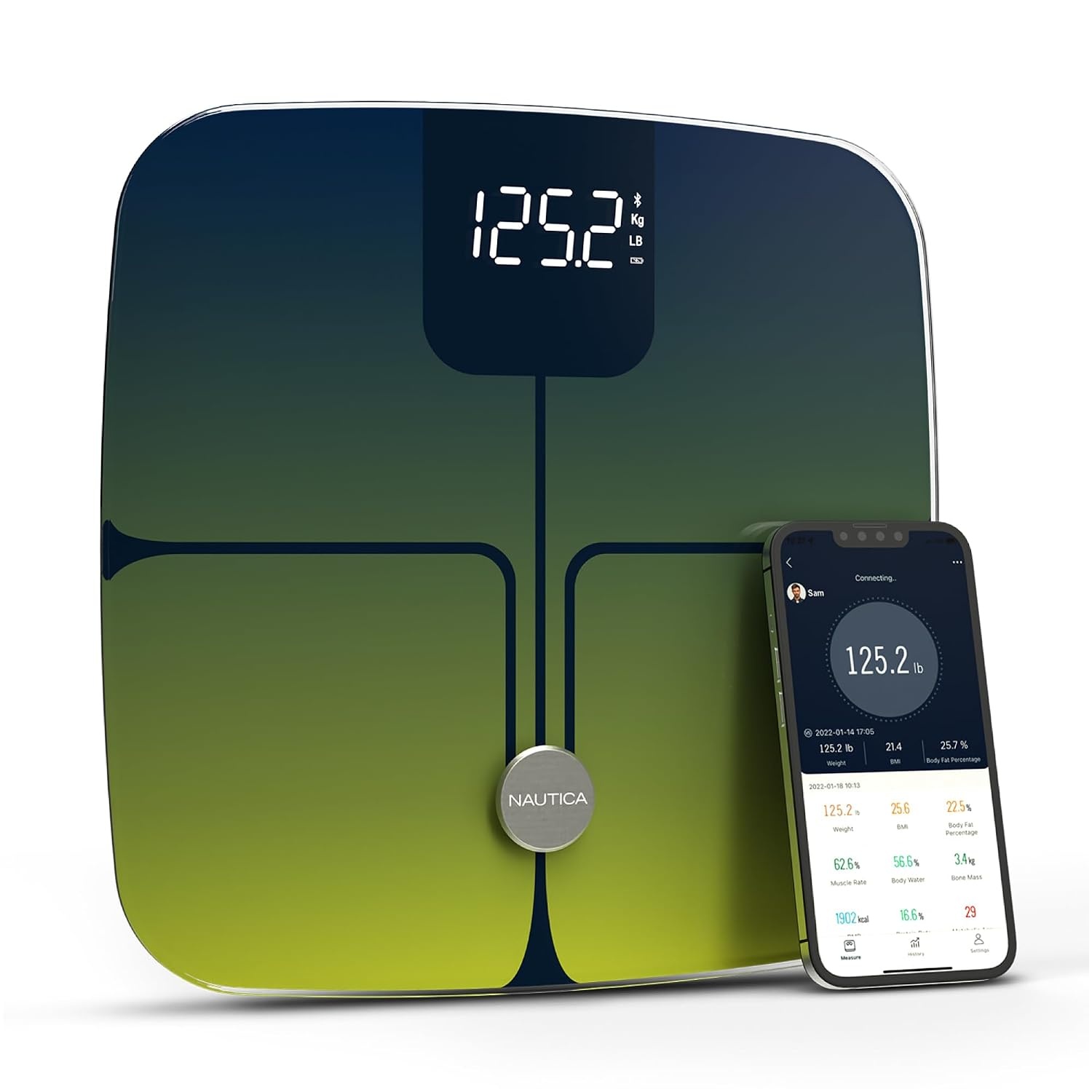 image:imageNautica Body Tracker Digital Bathroom Scale BluetoothEnabled Smart Scale with BMI Body Fat Muscle Mass Tracking amp More Syncs with Smartphone App for Body Composition Tracking 440 LbsNavy Yellow