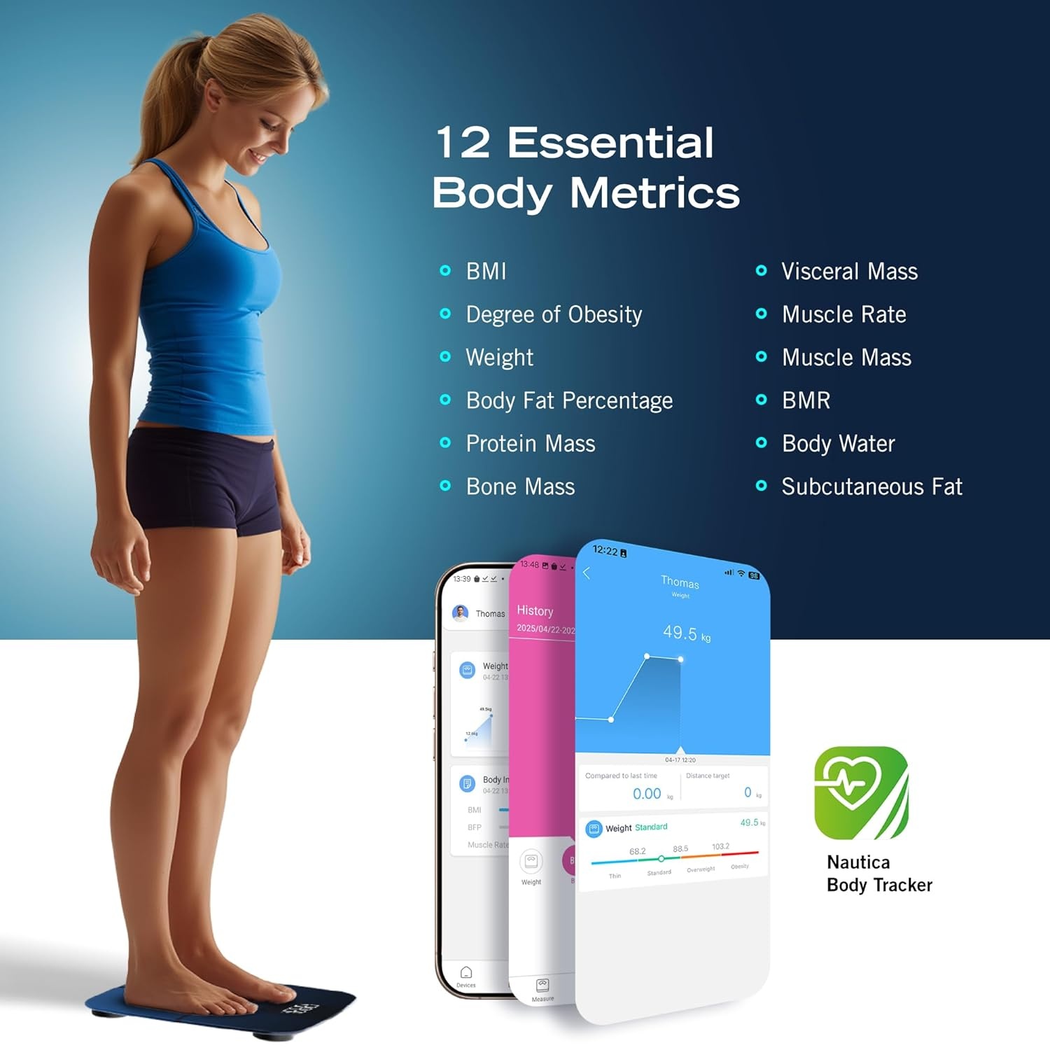 image:imageNautica Body Tracker Digital Bathroom Scale BluetoothEnabled Smart Scale with BMI Body Fat Muscle Mass Tracking amp More Syncs with Smartphone App for Body Composition Tracking 440 LbsAqua Stone