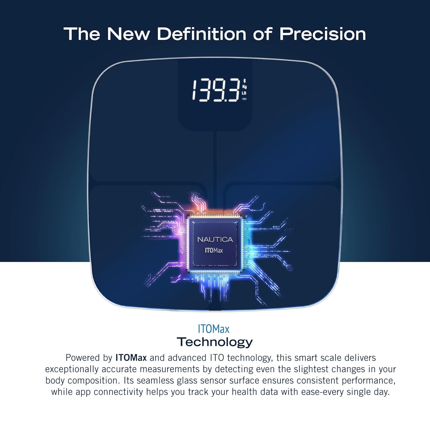image:imageNautica Body Tracker Digital Bathroom Scale BluetoothEnabled Smart Scale with BMI Body Fat Muscle Mass Tracking amp More Syncs with Smartphone App for Body Composition Tracking 440 LbsNavy