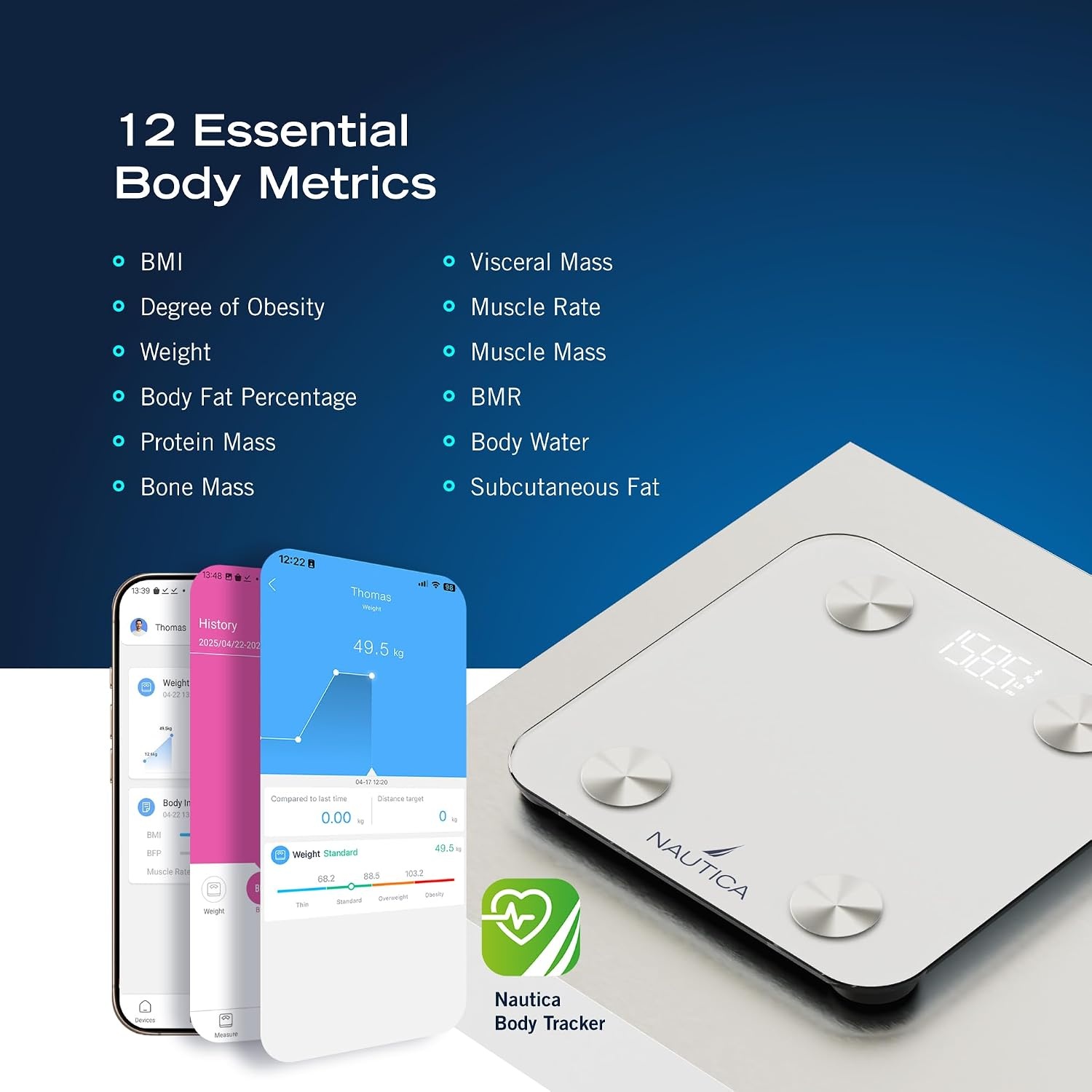 image:imageNautica Body Tracker Digital Bathroom Scale BluetoothEnabled Smart Scale with BMI Body Fat Muscle Mass Tracking amp More Syncs with Smartphone App for Body Composition Tracking 440 LbsWhite