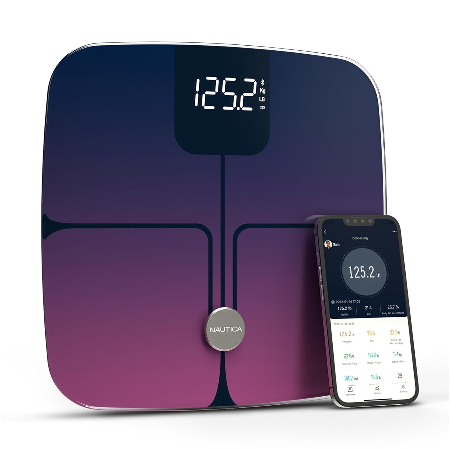image:imageNautica Body Tracker Digital Bathroom Scale BluetoothEnabled Smart Scale with BMI Body Fat Muscle Mass Tracking amp More Syncs with Smartphone App for Body Composition Tracking 440 LbsNavy Fuschia