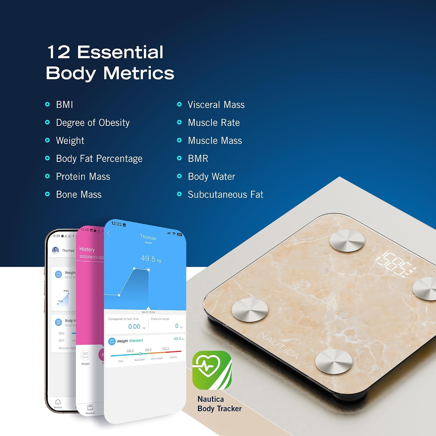 image:imageNautica Body Tracker Digital Bathroom Scale BluetoothEnabled Smart Scale with BMI Body Fat Muscle Mass Tracking amp More Syncs with Smartphone App for Body Composition Tracking 440 LbsQuartz Stone