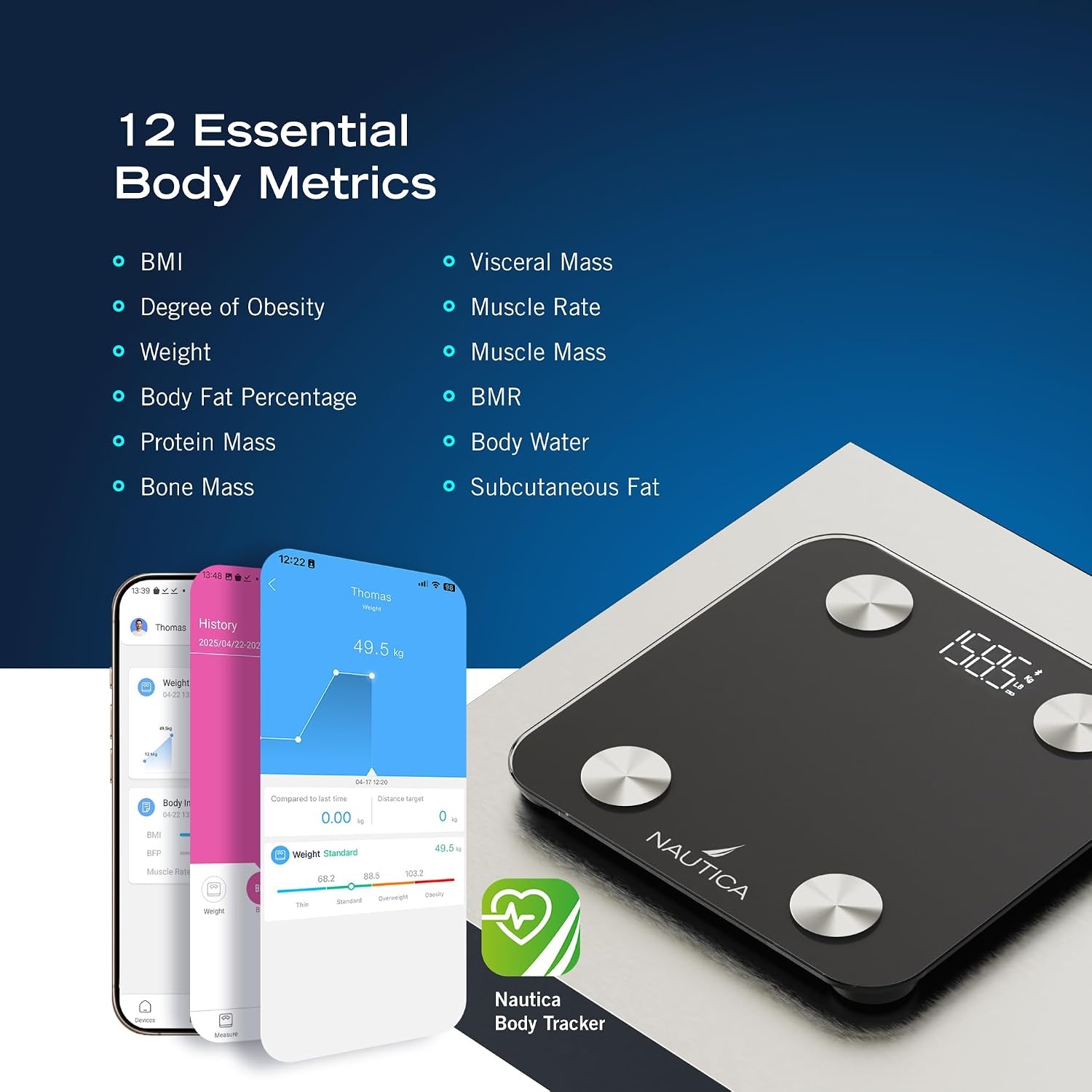 image:imageNautica Body Tracker Digital Bathroom Scale BluetoothEnabled Smart Scale with BMI Body Fat Muscle Mass Tracking amp More Syncs with Smartphone App for Body Composition Tracking 440 LbsTrue Black