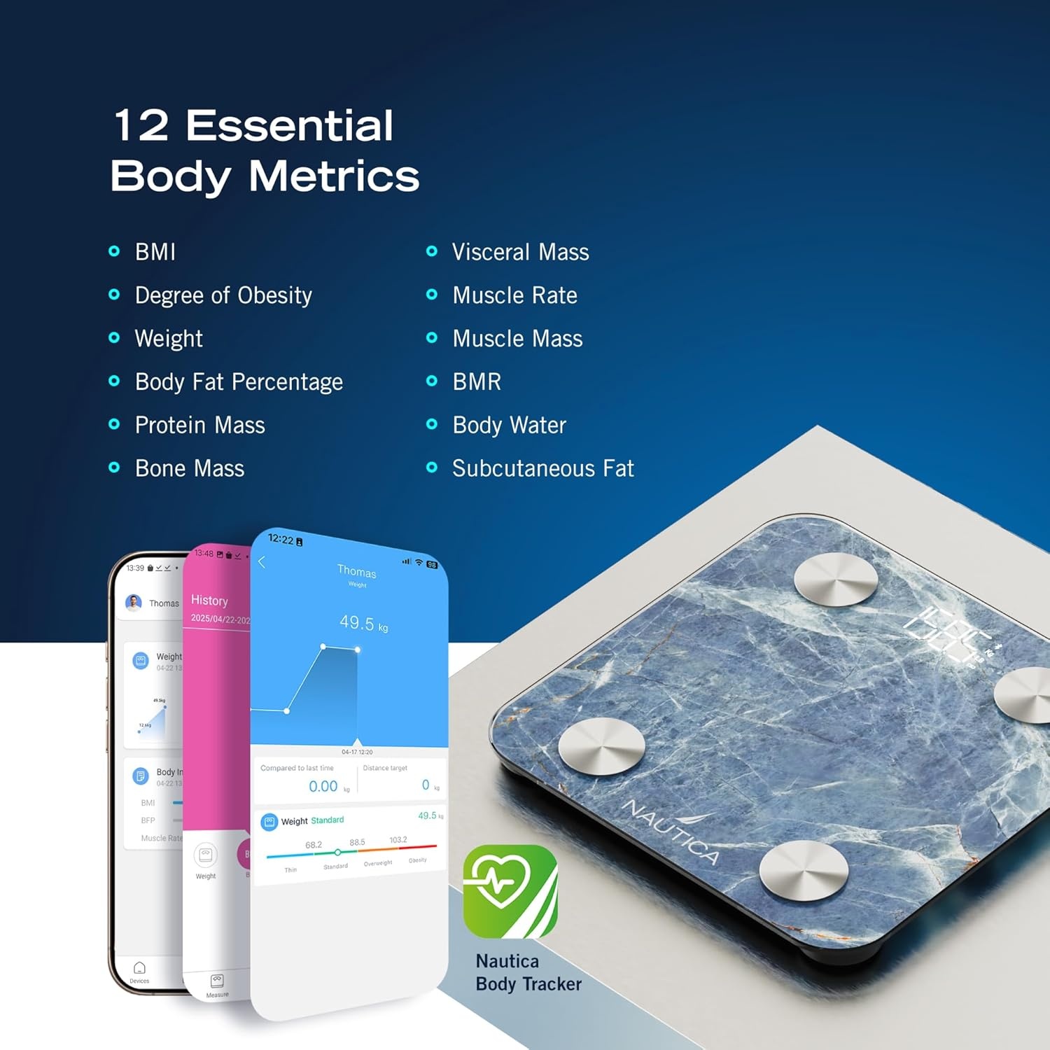 image:imageNautica Body Tracker Digital Bathroom Scale BluetoothEnabled Smart Scale with BMI Body Fat Muscle Mass Tracking amp More Syncs with Smartphone App for Body Composition Tracking 440 LbsAqua Stone