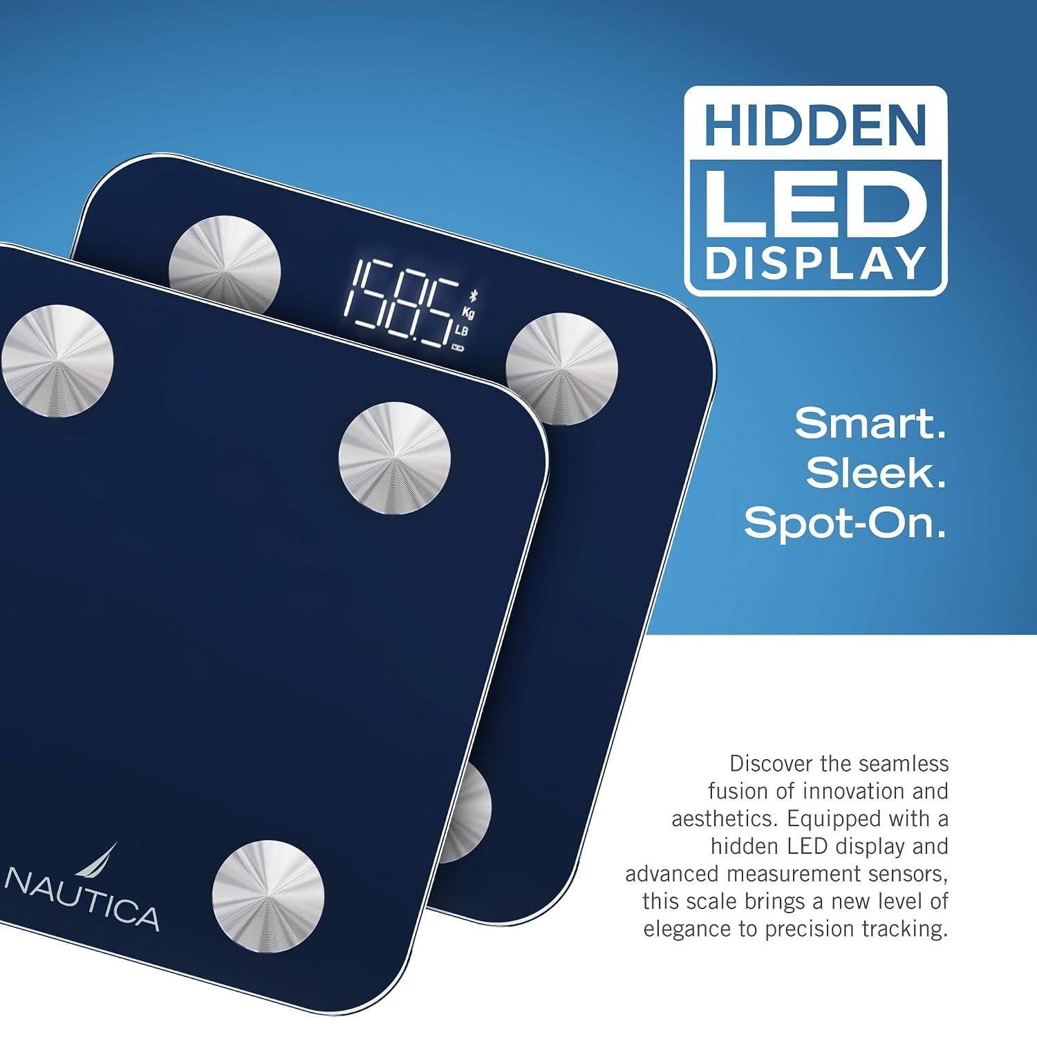 image:imageNautica Body Tracker Digital Bathroom Scale BluetoothEnabled Smart Scale with BMI Body Fat Muscle Mass Tracking amp More Syncs with Smartphone App for Body Composition Tracking 440 LbsNavy