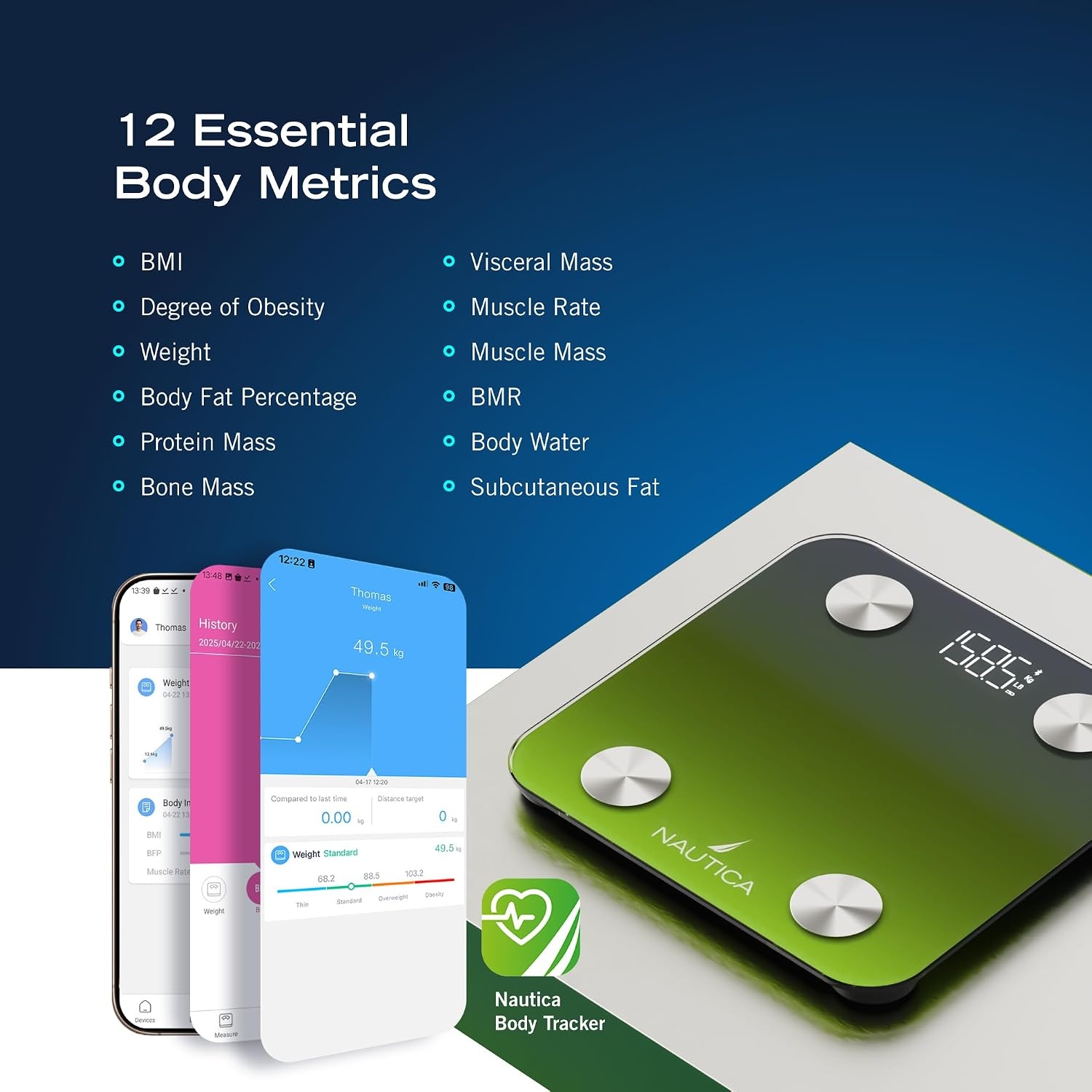 image:imageNautica Body Tracker Digital Bathroom Scale BluetoothEnabled Smart Scale with BMI Body Fat Muscle Mass Tracking amp More Syncs with Smartphone App for Body Composition Tracking 440 LbsNavy Yellow