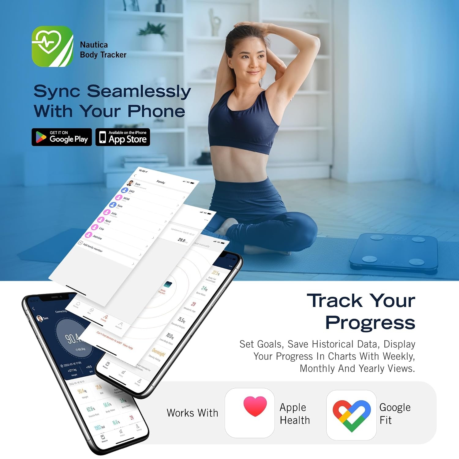 image:imageNautica Body Tracker Digital Bathroom Scale BluetoothEnabled Smart Scale with BMI Body Fat Muscle Mass Tracking amp More Syncs with Smartphone App for Body Composition Tracking 440 LbsNavy Yellow