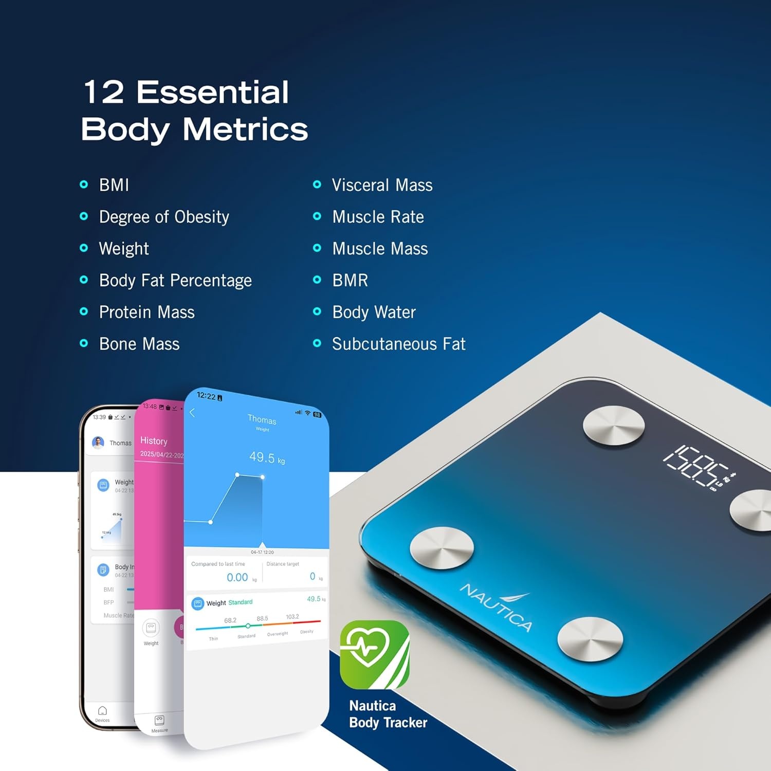 image:imageNautica Body Tracker Digital Bathroom Scale BluetoothEnabled Smart Scale with BMI Body Fat Muscle Mass Tracking amp More Syncs with Smartphone App for Body Composition Tracking 440 LbsNavy Blue