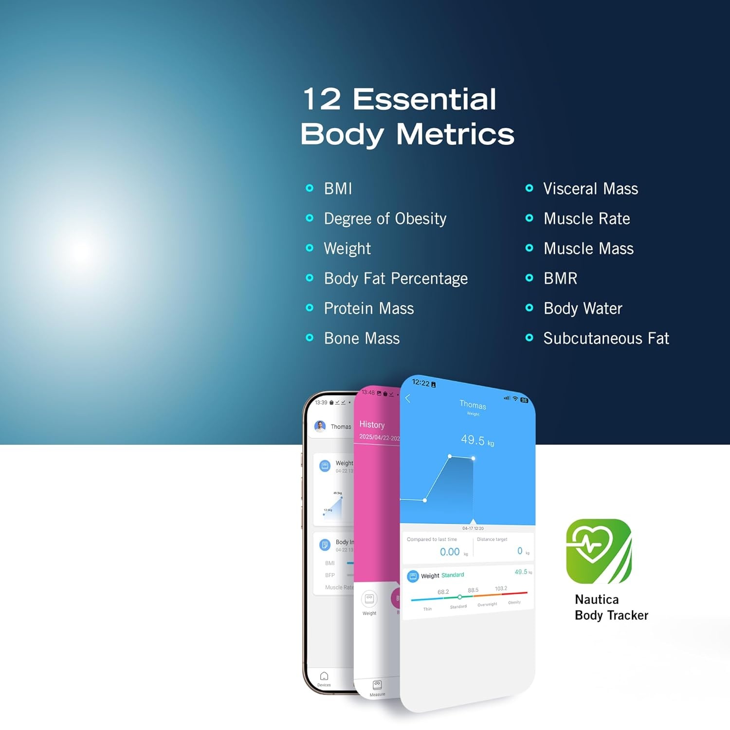image:imageNautica Body Tracker Digital Bathroom Scale BluetoothEnabled Smart Scale with BMI Body Fat Muscle Mass Tracking amp More Syncs with Smartphone App for Body Composition Tracking 440 LbsIce White