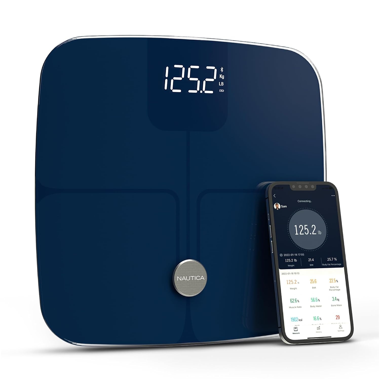 image:imageNautica Body Tracker Digital Bathroom Scale BluetoothEnabled Smart Scale with BMI Body Fat Muscle Mass Tracking amp More Syncs with Smartphone App for Body Composition Tracking 440 LbsNavy
