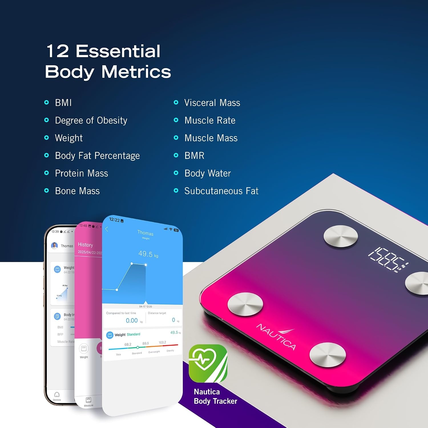 image:imageNautica Body Tracker Digital Bathroom Scale BluetoothEnabled Smart Scale with BMI Body Fat Muscle Mass Tracking amp More Syncs with Smartphone App for Body Composition Tracking 440 LbsNavy Fuschia
